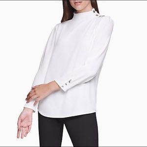 High Neck Long Sleeve Top Shirt M Mock Button